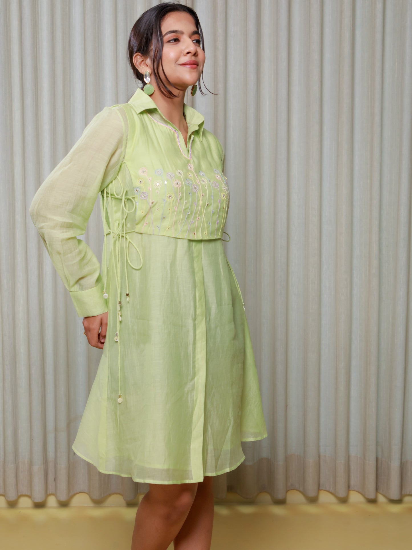 ISHTARA PASTEL GREEN KNEE LENGTH DRESS WITH EMBROIDERED BIB #ISH24