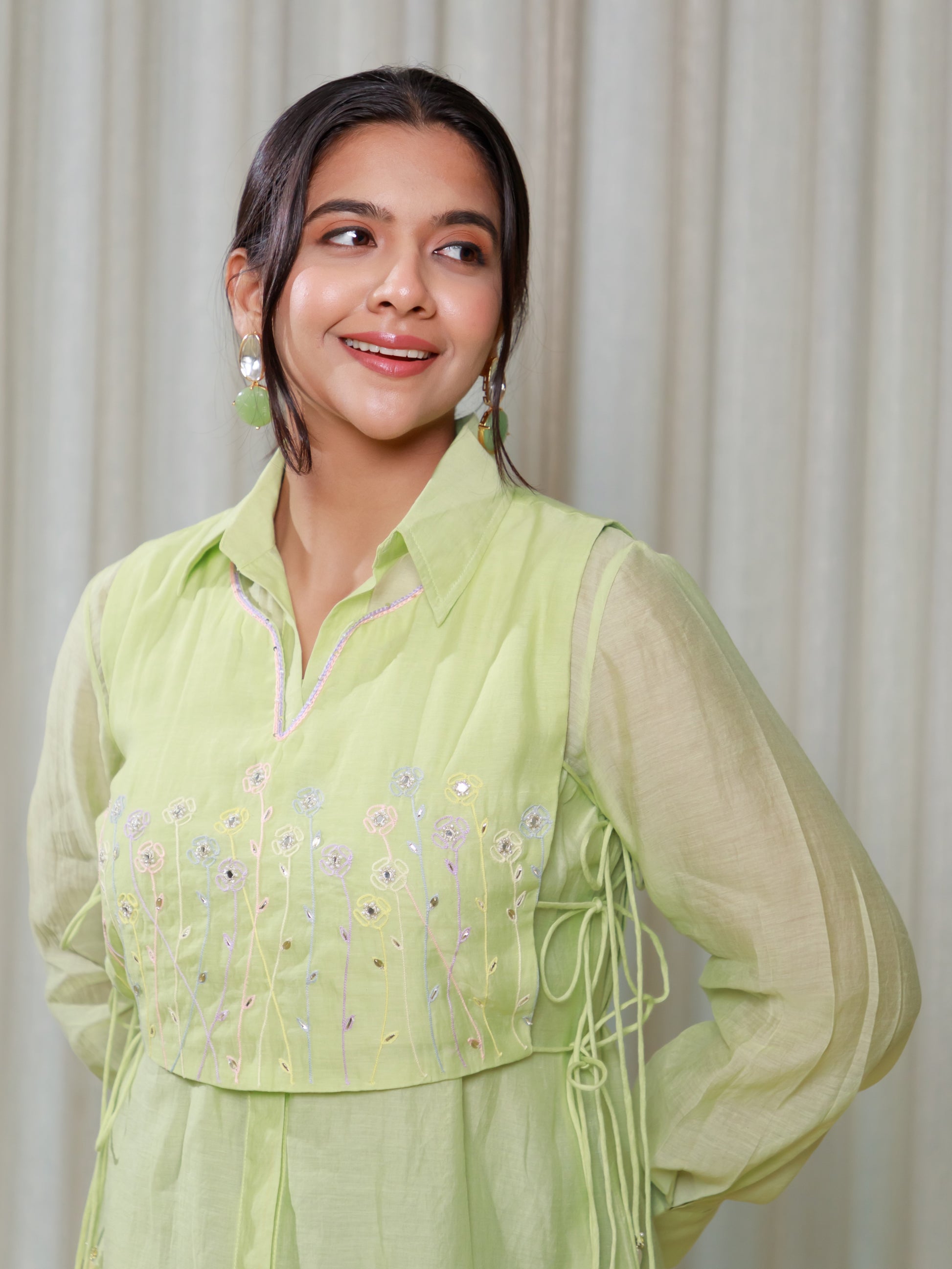 Chic Pastel Green Dress by Ishtara – Knee-Length with Intricate Embroidery