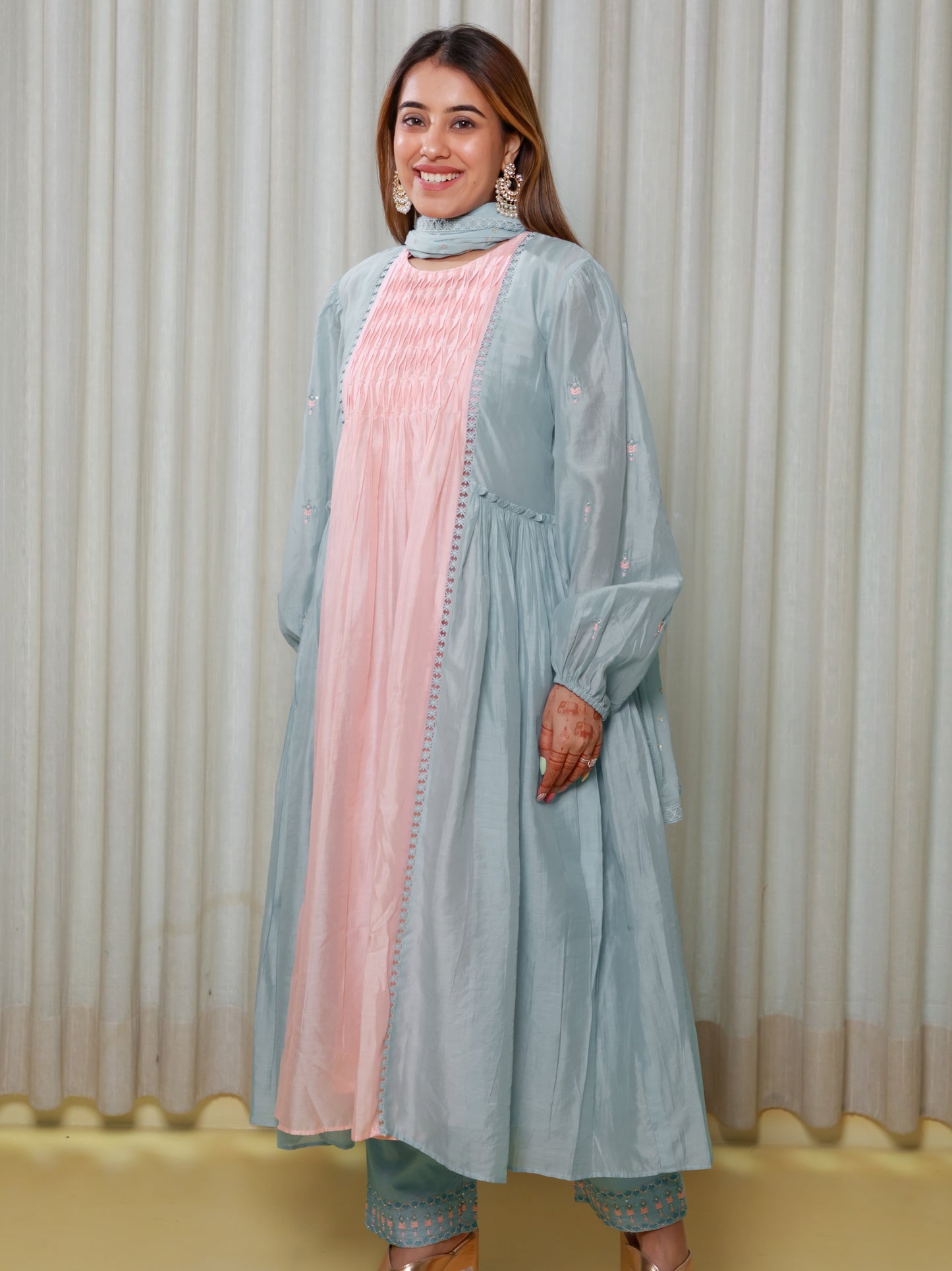 ISHTARA PEACH-BLUE SMOCKING DRESS WITH ANKLE LENGTH PANT #ISH25