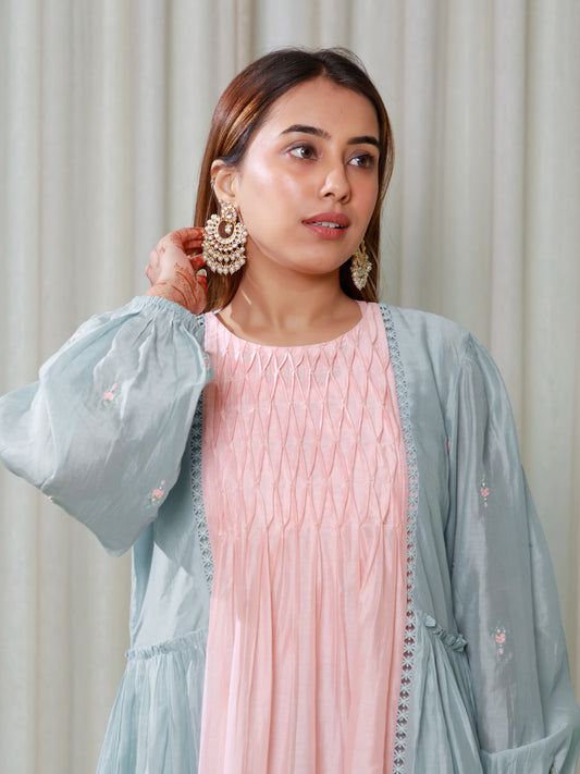 Ishtara Peach-Blue Smocking Dress – Elegant Ankle-Length Outfit