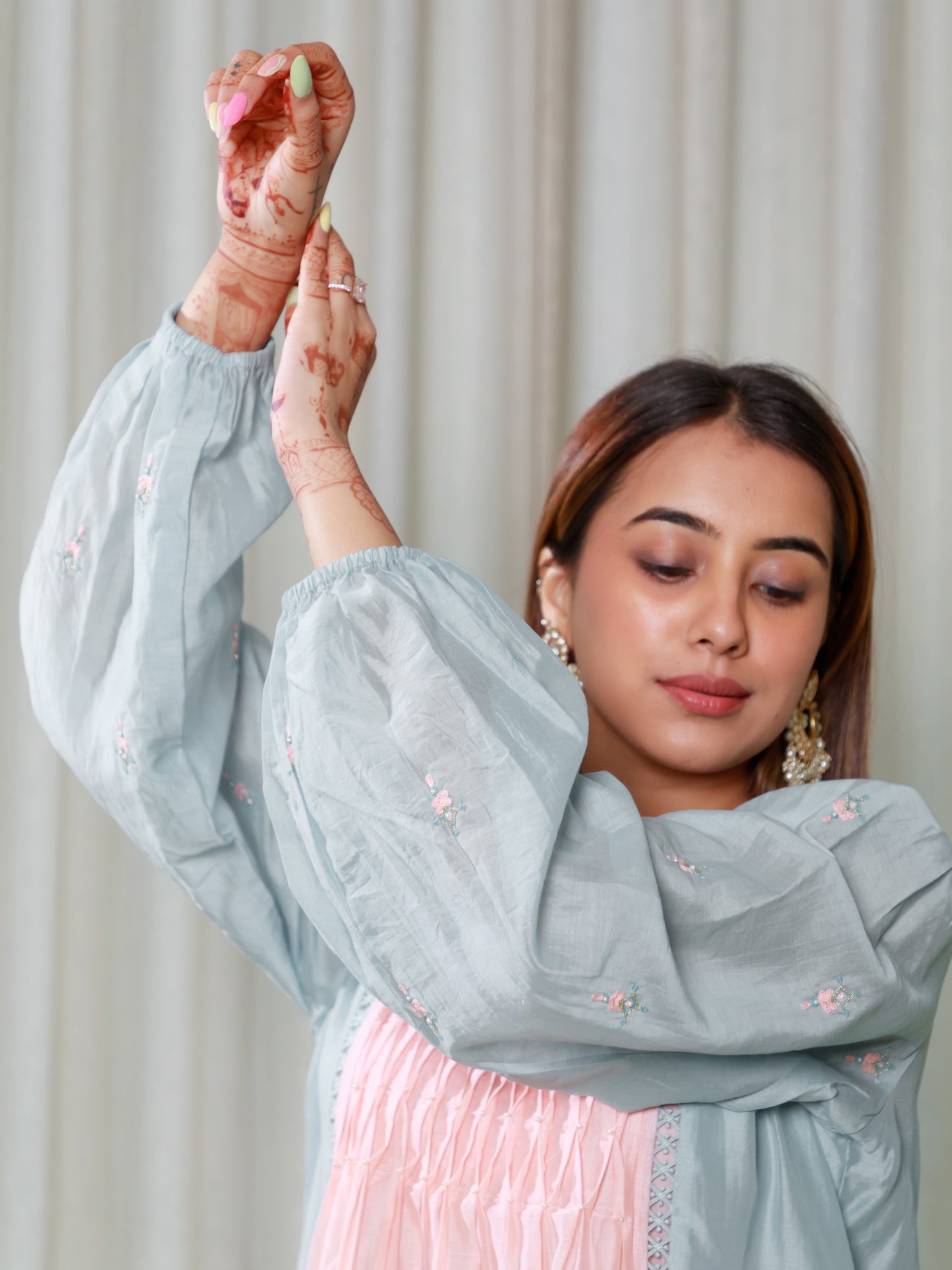 ISHTARA PEACH-BLUE SMOCKING DRESS WITH ANKLE LENGTH PANT #ISH25