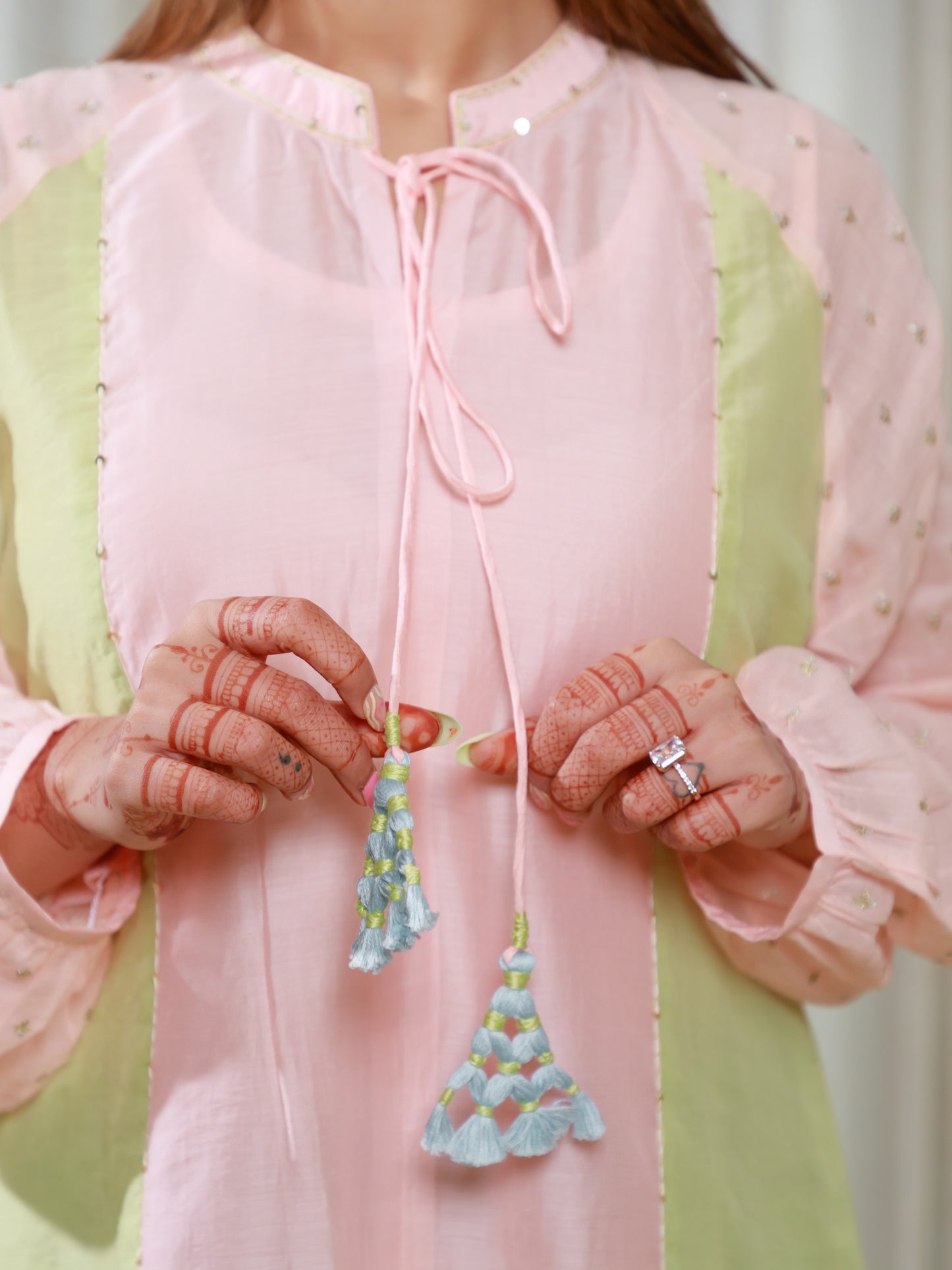 ISHTARA PEACH  KNEE LENGTH DRESS WITH PASTEL GREEN-GREY SIDE PANNEL #ISH26