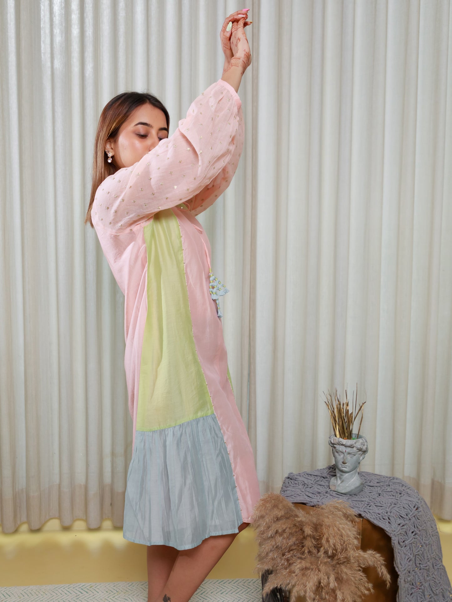 ISHTARA PEACH  KNEE LENGTH DRESS WITH PASTEL GREEN-GREY SIDE PANNEL #ISH26