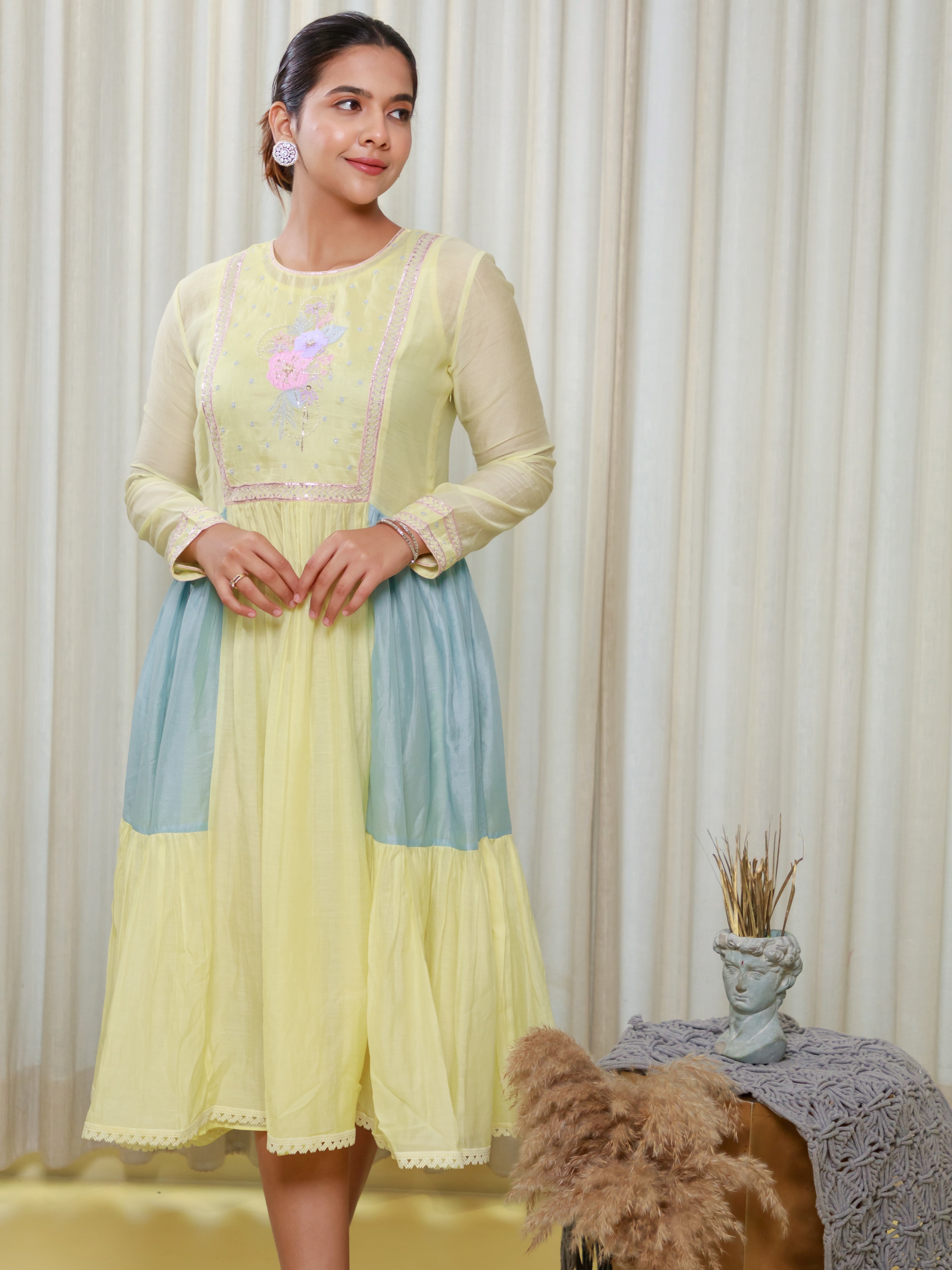 Standout Fashion – Ishtara Yellow Yoke Dress with Bold Color Blocking