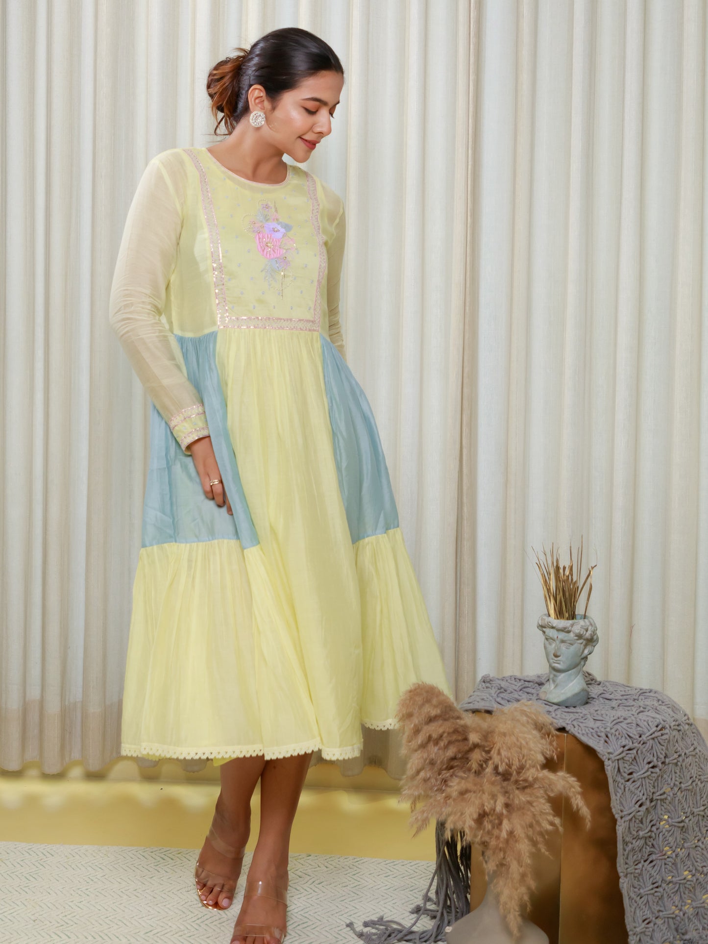 ISHTARA YELLOW YOKE DRESS WITH BLUE-YELLOW SIDE PANNEL #ISH28