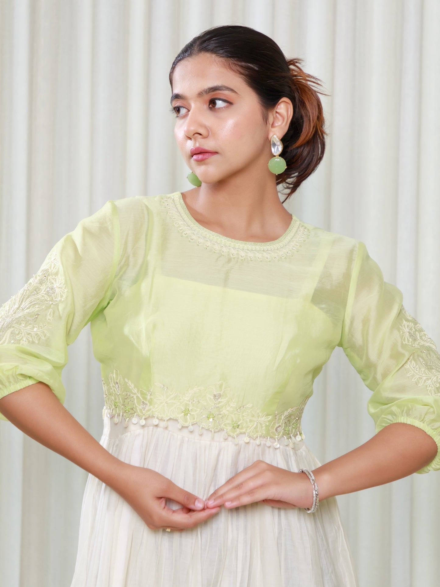 ISHTARA OFF-WHITE GOWN WITH PASTEL GREEN BLOUSE TOP #ISH14