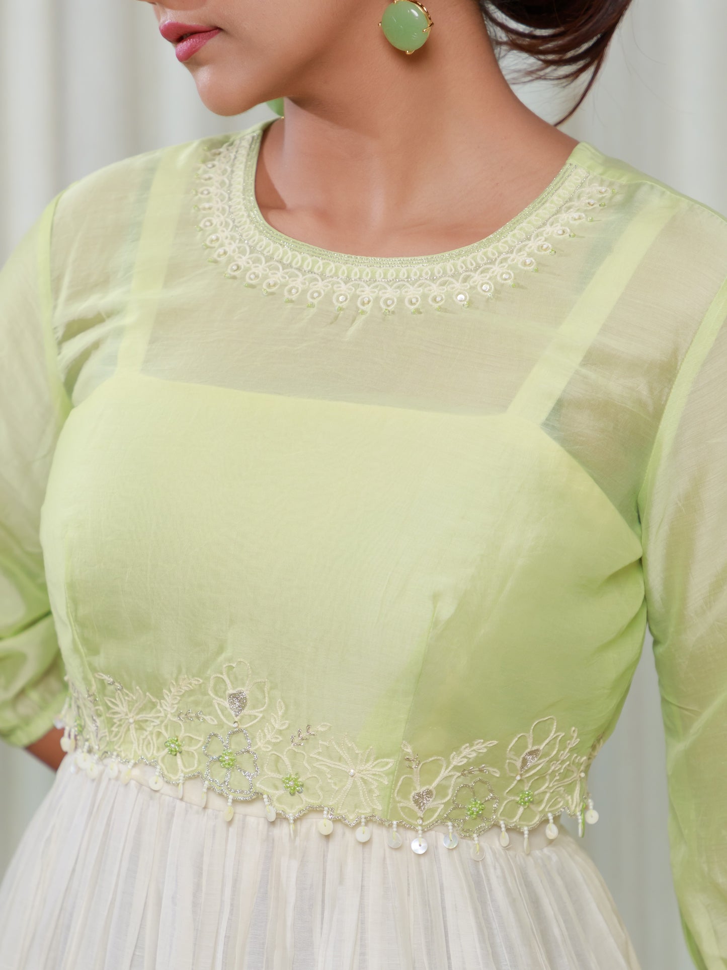 ISHTARA OFF-WHITE GOWN WITH PASTEL GREEN BLOUSE TOP #ISH14