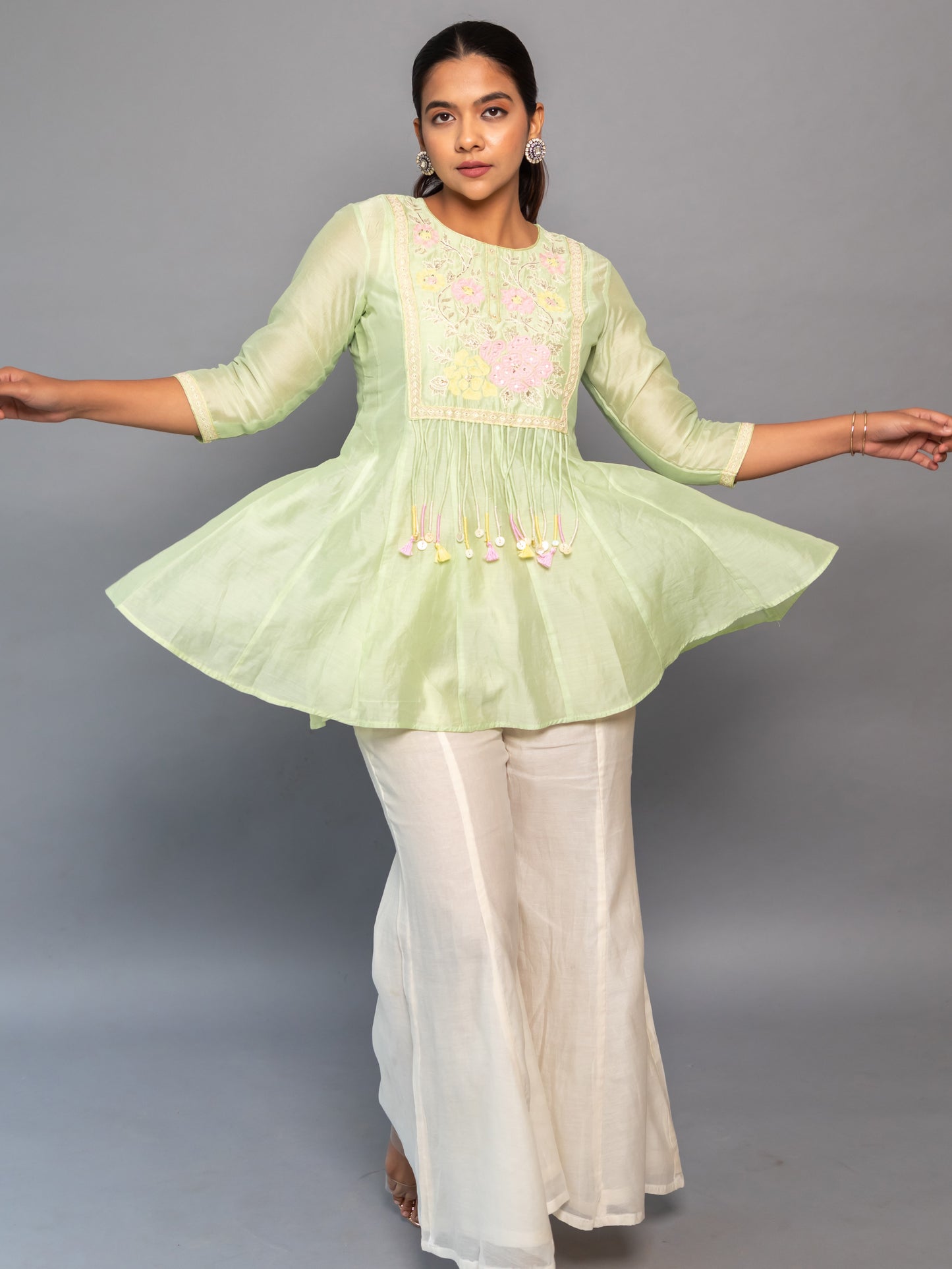 ISHTARA PASTEL GREEN SHORT KALI TOP WITH OFF WHITE KALI PANTS #ISH31