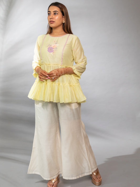 Trendy and Comfortable – Ishtara Frill Detail Top with Flowy Flared Pants