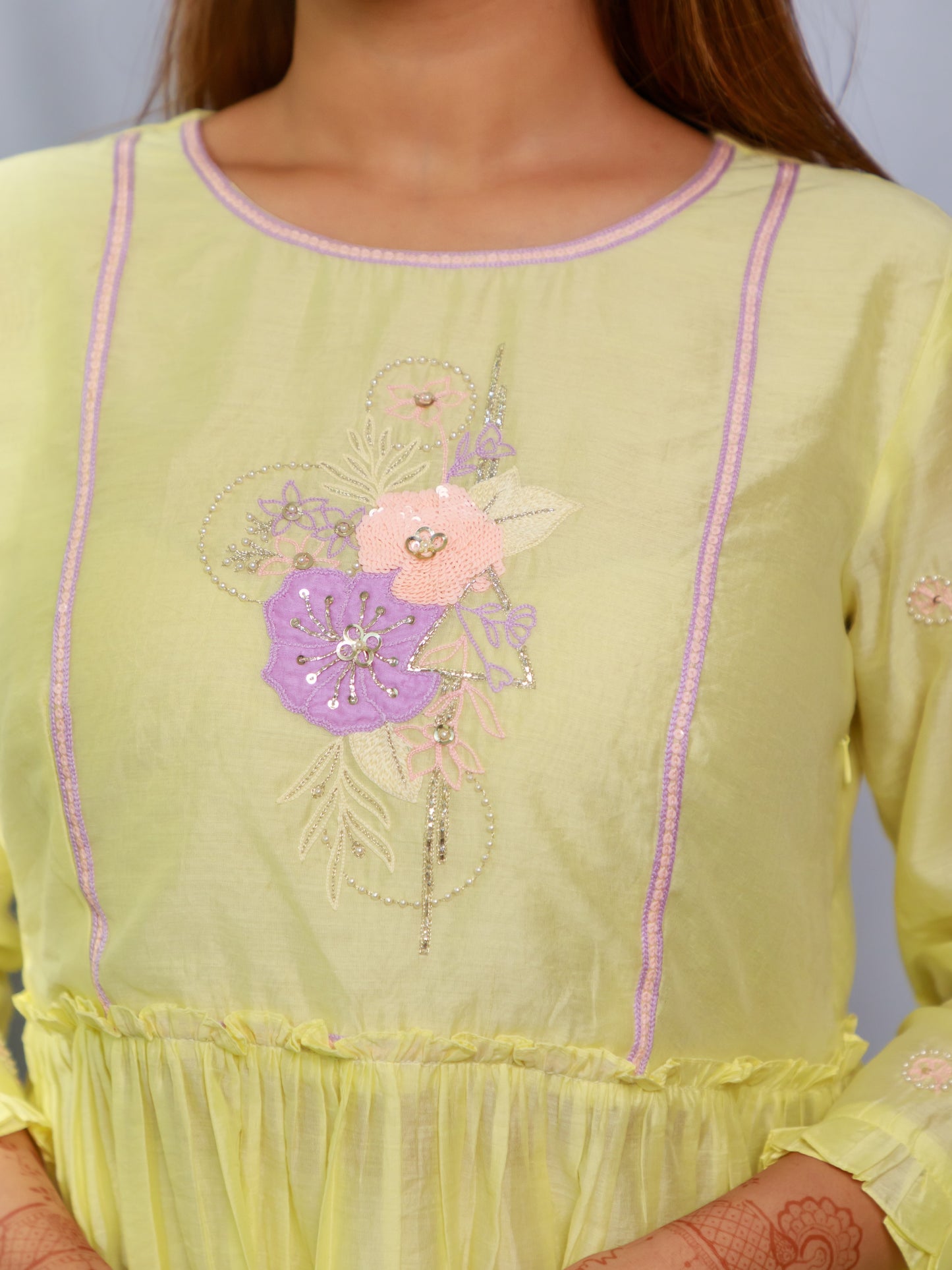 ISHTARA LEMON YELLOW FRILL TOP WITH OFF-WHITE FLARED PANTS #ISH33